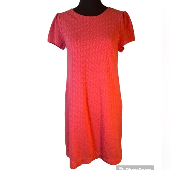 Coral diamond checkered pattern cap sleeve lined retro shift dress button back - Picture 2 of 10